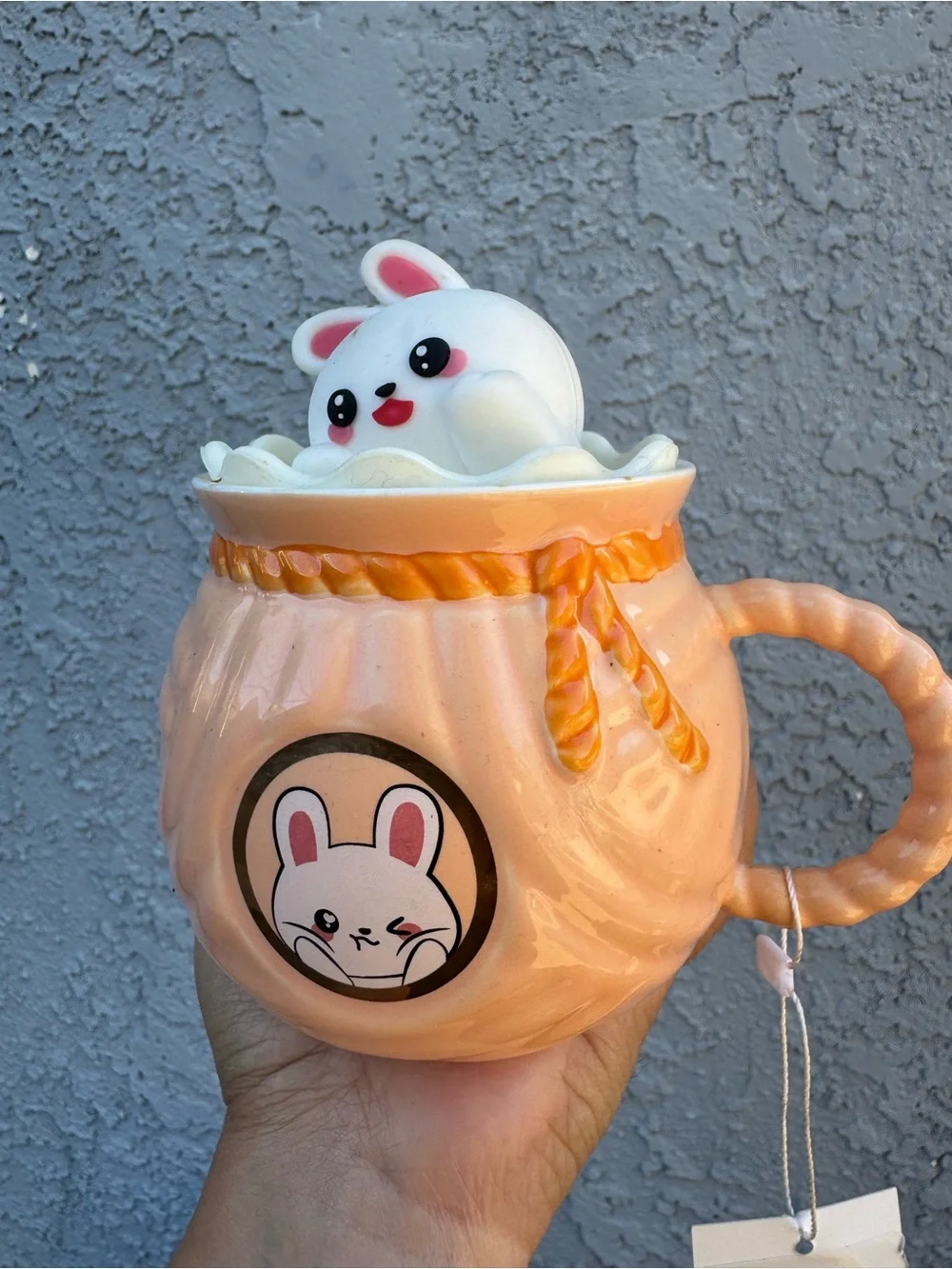 Cute Bunny Ceramic Mug with Lid Lucky Fortune Bag Peach Orange Kawaii NWT 5”